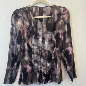 Ann Taylor Abstract Floral Print Silk Blouse Brown Zipper Closure in Back XS/S